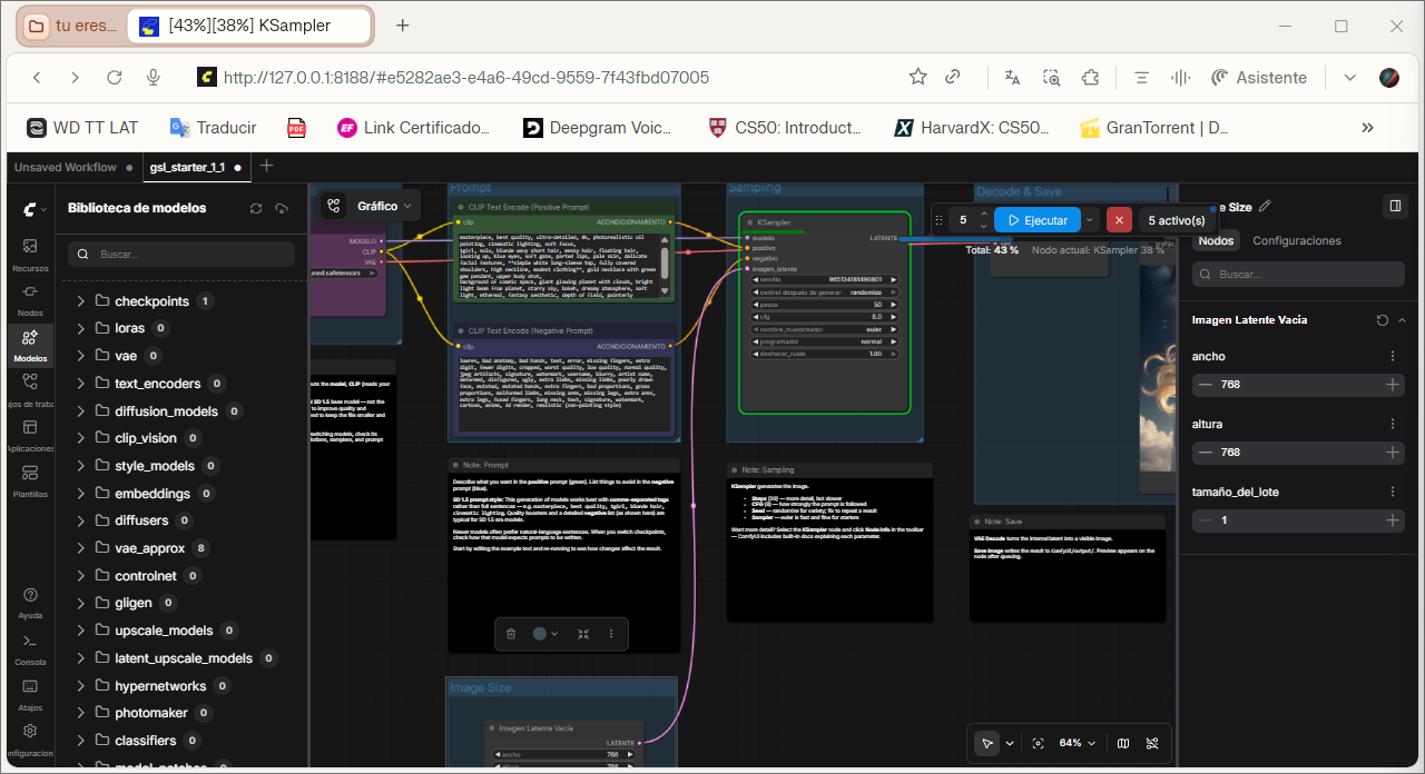 ComfyUI SD1.x txt2img graph at 768x768, 50 steps