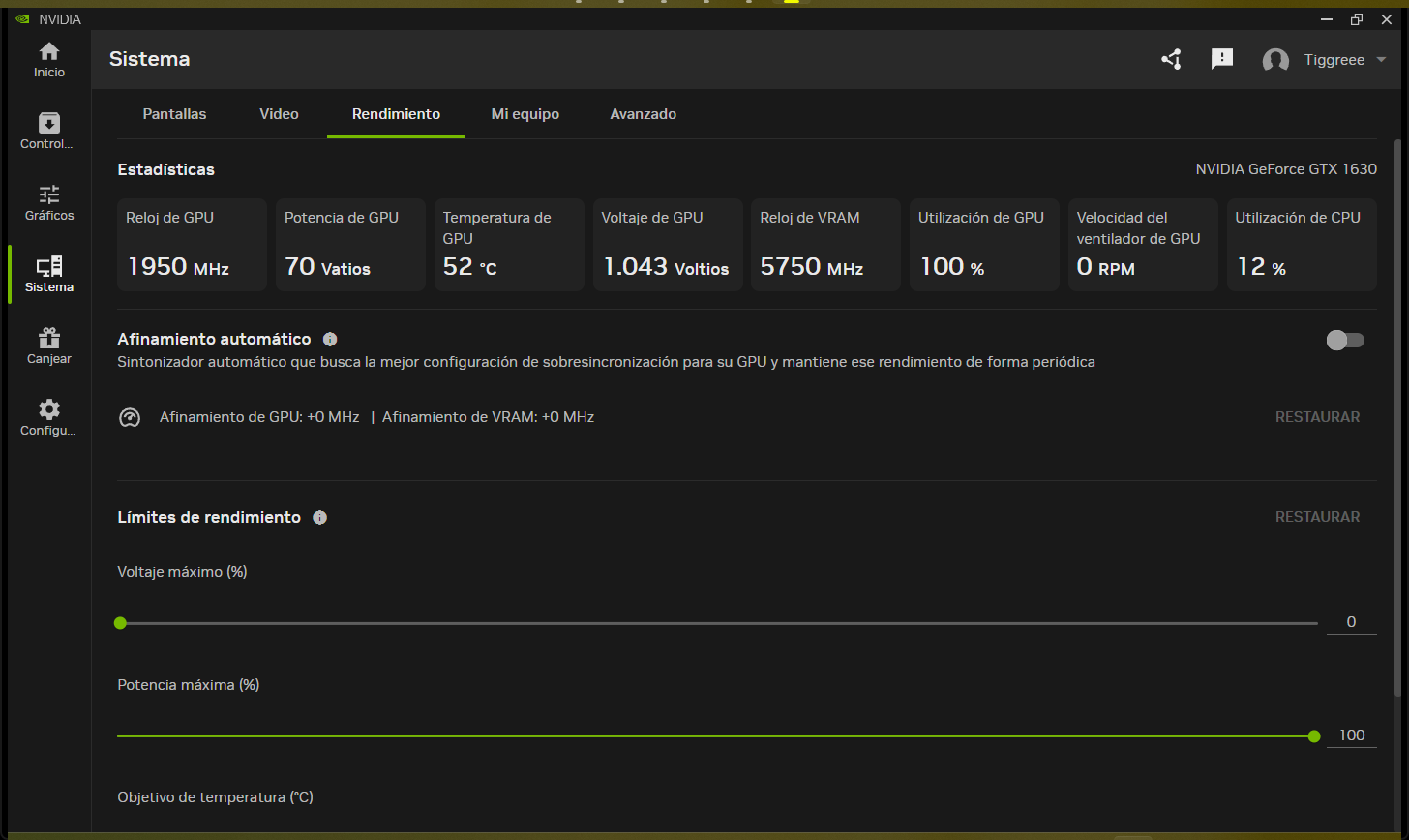 NVIDIA panel under load at 1950 MHz and 70 W